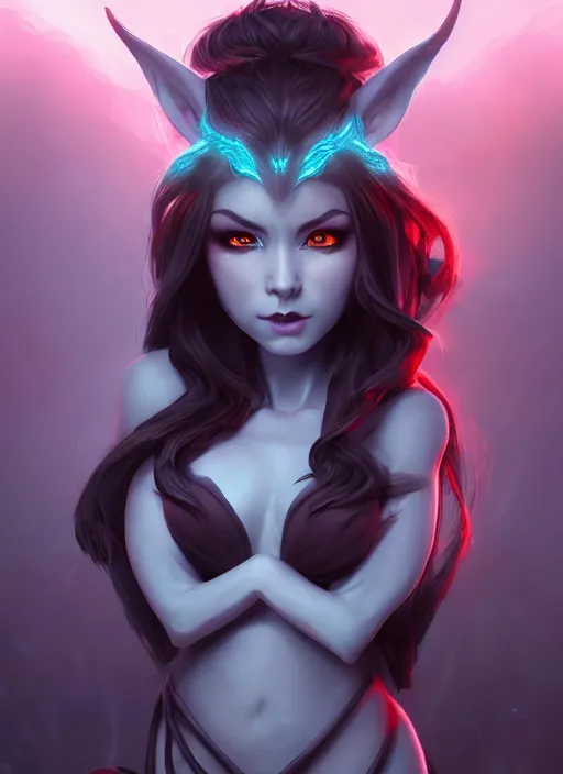 Image similar to imp demon goddess, cute elf ears, strapless dress, character portrait in the style of thomas river and artgerm, cinematic lighting, hyperdetailed, 8 k realistic, symmetrical, global illumination, radiant light,, frostbite 3 engine, cryengine, dof, trending on artstation, digital art, chanel