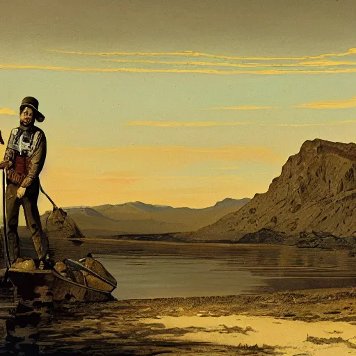 Prompt: 19th century scruffy american trapper, standing next to desert oasis with a canoe, on mars, pulp science fiction illustration