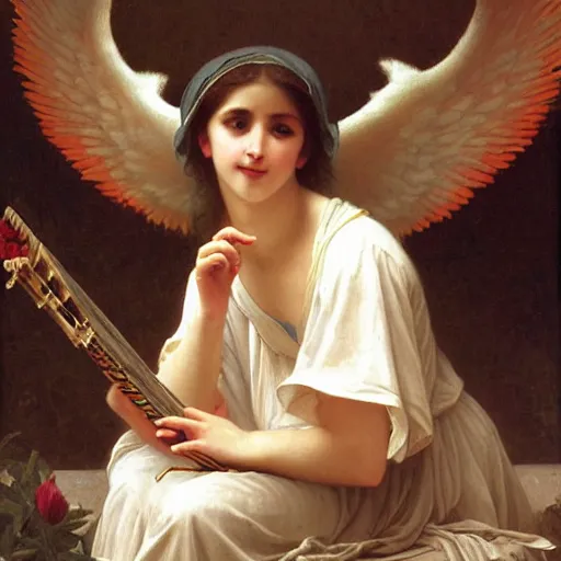 Prompt: an oil painting of an angel playing a synthesizer, by Bouguereau, highly detailed and intricate,