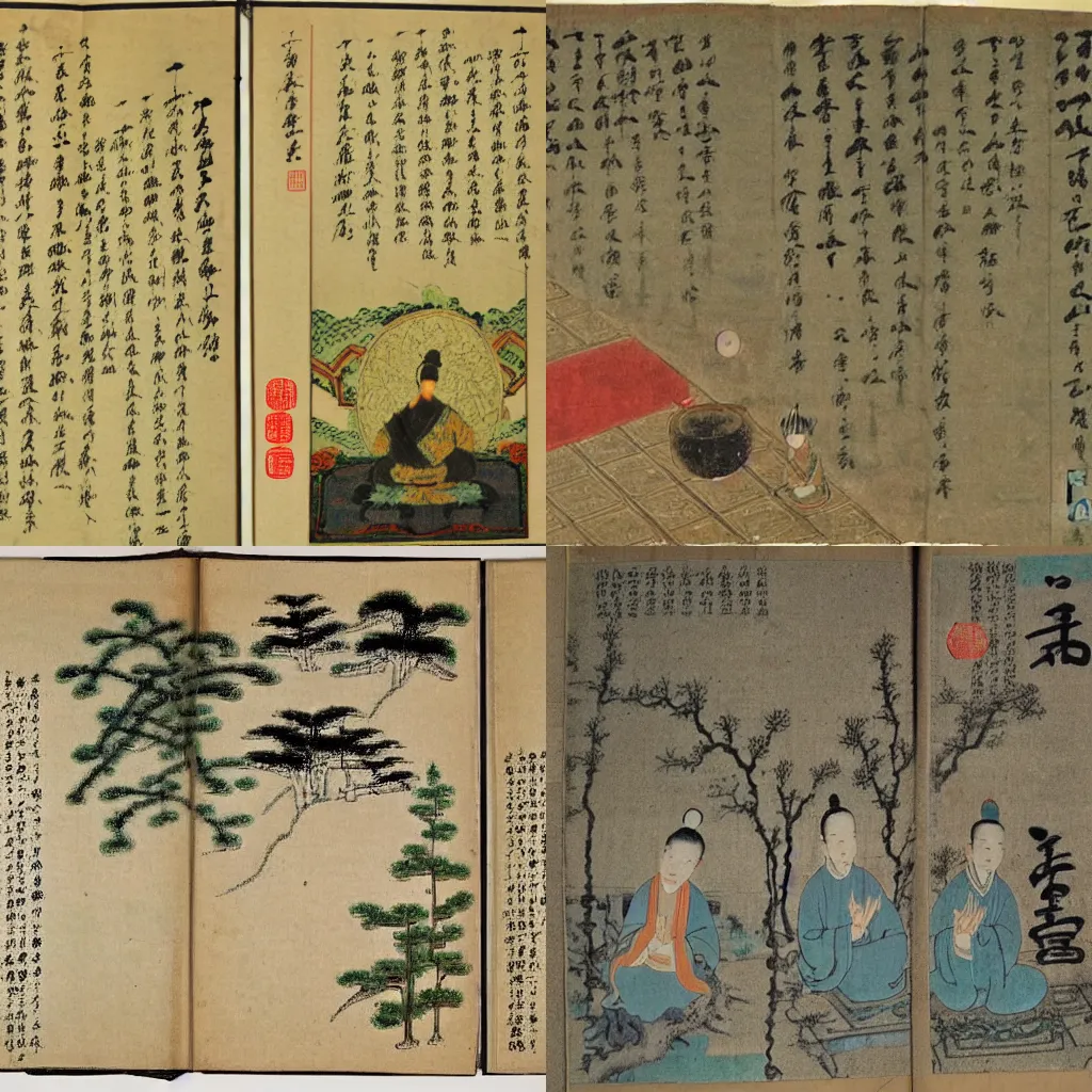 Prompt: instruction page from an ancient chinese meditation booklet. The page consists of a picture of a serene scene