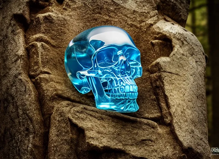 Image similar to crystal skull encased in a crystal box On a pedestal in ancient ruins in the forest. Fantasy horror style. Highly detailed 8k. Intricate. Nikon d850 55mm. Award winning photography.