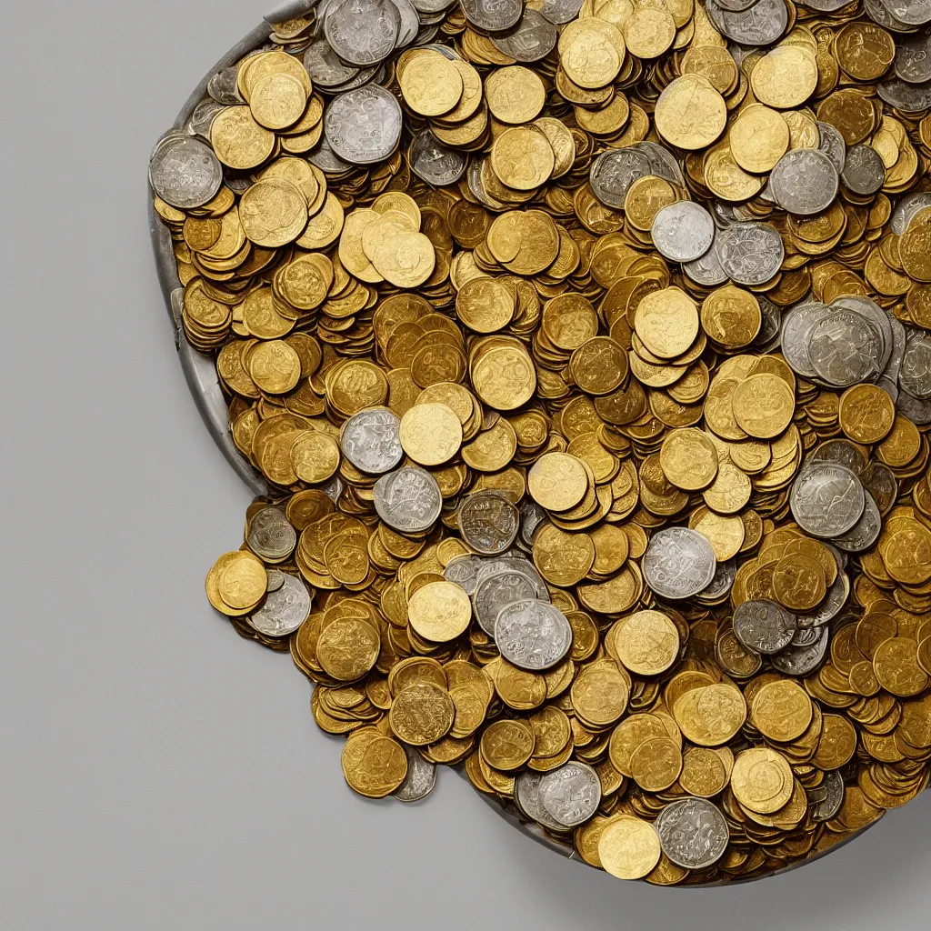 Image similar to a bathtub full of golden coins, full view, product photography