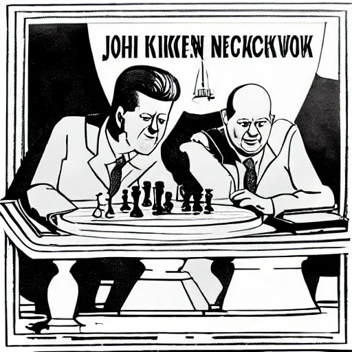 Image similar to John F. Kennedy and Nikita Khrushchev playing chess with nuclear weapons on a world map, punch cartoon