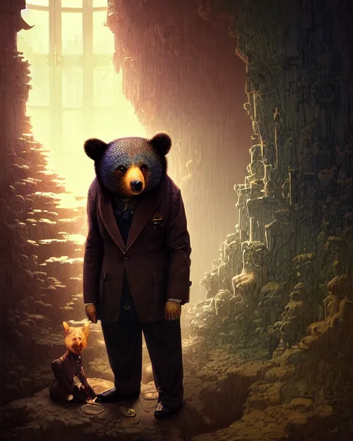 Image similar to anthropomorphic art of a detective bear inside tardis, victorian inspired clothing by artgerm, victo ngai, ryohei hase, artstation. fractal papersand books. highly detailed digital painting, smooth, global illumination, fantasy art by greg rutkowsky, karl spitzweg