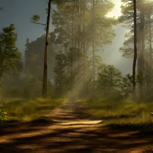 Prompt: photorealistic singular opened door in the middle of a forest that opens to a desert, dynamic lighting, cinematic, ray tracing, sun rays, hyper realism, fantasy concept art