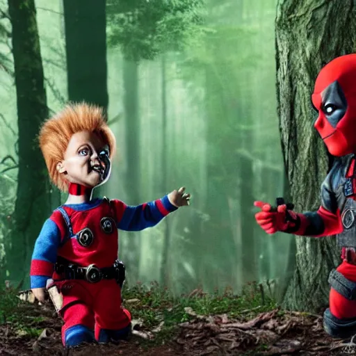 Image similar to chucky the doll and deadpool in the woods together digital art 4 k detailed super realistic