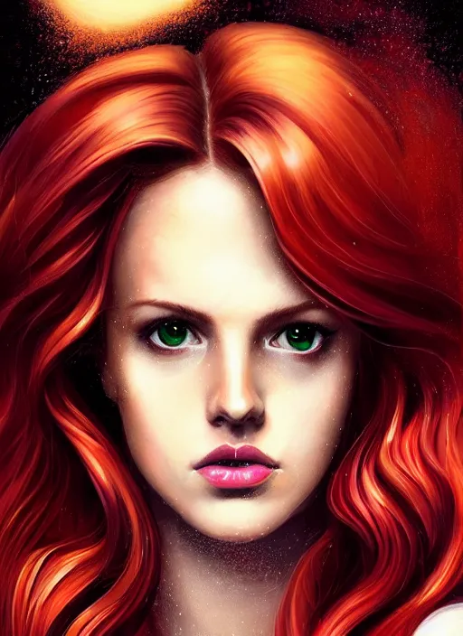 Prompt: full body portrait of teenage cheryl blossom, bangs, green eyes, sultry expression, red hair, sultry smirk, bangs and wavy hair, big bangs, intricate, elegant, glowing lights, highly detailed, digital painting, artstation, concept art, smooth, sharp focus, illustration, art by wlop, mars ravelo and greg rutkowski