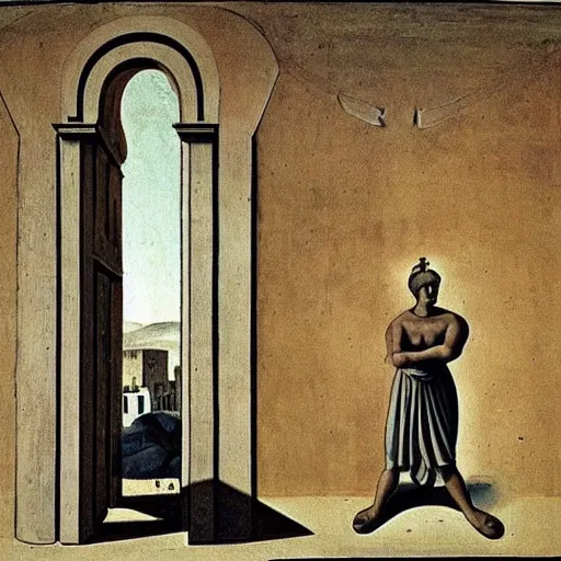 Image similar to a parade of disconnected images : a greek god in formal clothes, obscure corners of nameless interiors, astronomical diagrams projecting the distances between celestial bodies, a painting by giorgio de chirico, a list of unpopular anagrams.