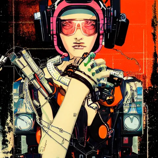 Image similar to portrait of the cyberpunk female pilot with mutiple wired personalities in circuitry, orange - noir tarot card by yoji shinkawa, ryuichi sakamoto, esao andrews and yoshitaka amano