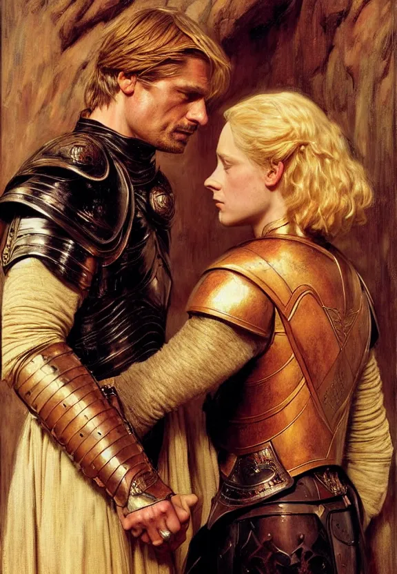 Prompt: attractive jaime lannister confesses his love for attractive armored brienne of tarth. highly detailed painting by gaston bussiere and j. c. leyendecker 8 k