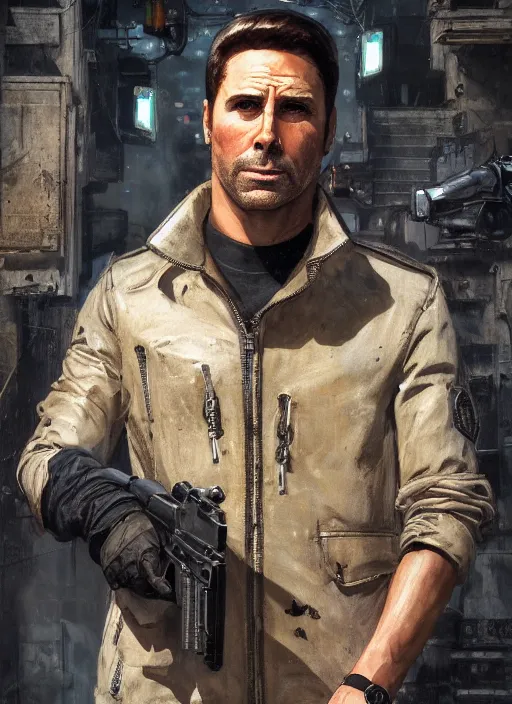 Image similar to sterling archer. cyberpunk mercenary in a military vest ( blade runner 2 0 4 9, cyberpunk 2 0 7 7 ). orientalist portrait by john william waterhouse and james gurney and theodore ralli and nasreddine dinet, oil on canvas. cinematic, hyper realism, realistic proportions, dramatic lighting, high detail 4 k