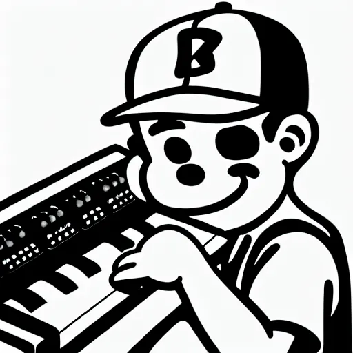 Image similar to cartoon line drawing illustration, in fine detail, of a kid wearing a baseball cap, playing a Korg MS-20 synthesizer, in the style of The Beano, sharpie, black and white, long shot, white background, marker pen, graffiti character, 90s cartoon, Dennis the menace, Calvin and hobbies