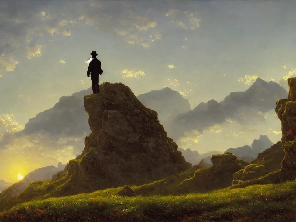 Prompt: romantic painting, wide shot of a lone gentleman in 1 9 th century clothing ( watching an enormous television screen playing a football game )!!!!!! in front of a mountain scene at sunrise, highly detailed, sublime, hyperrealistic, painted by caspar david friedrich and albert bierstadt, trending on artstation 8 k