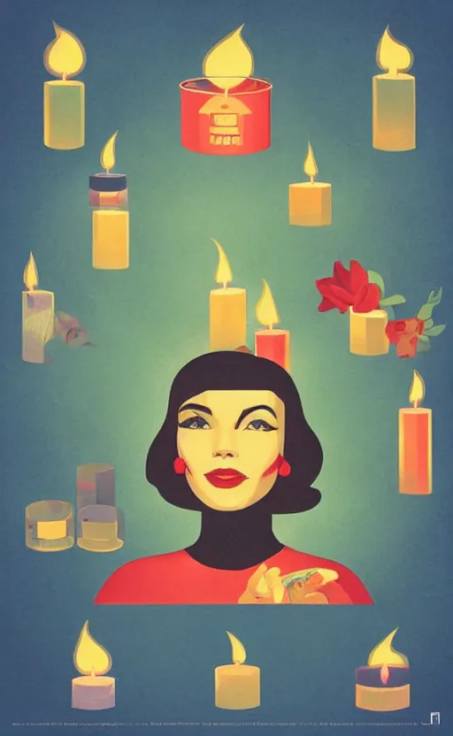 Image similar to illustration with a set of beautiful scented candles, an art deco painting by tom whalen, trending on behance, art deco, retro illustration, digital illustration, storybook illustration, grainy texture, flat shading, vector art, airbrush, pastel, watercolor, poster