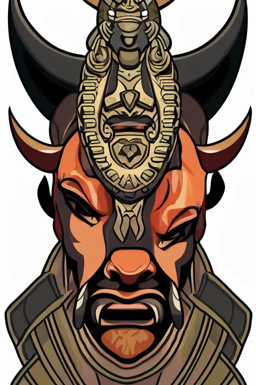 Image similar to A portrait of a bull as evil warlord general on skull throne, sticker, Anthropomorphized, portrait, highly detailed, colorful, illustration, smooth and clean vector curves, no jagged lines, vector art, smooth