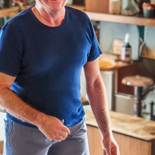 Image similar to a english irish middle aged man with brown moptop hair and red cheeks is clean shaven. he is wearing a dark blue tshirt and shorts. he dances with his arms excitedly like a chicken in his kitchen