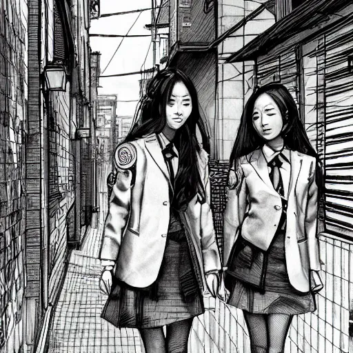 Image similar to a perfect, realistic professional digital sketch of a Japanese schoolgirls posing in a cyberpunk alleyway, style of Marvel, full length, by pen and watercolor, by a professional American senior artist on ArtStation, a high-quality hollywood-style sketch, on high-quality paper