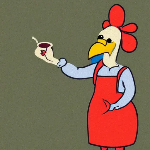 Image similar to fan art of an anthropomorphized hen with a worried expression, wearing an apron, pointing to the kitchen sink