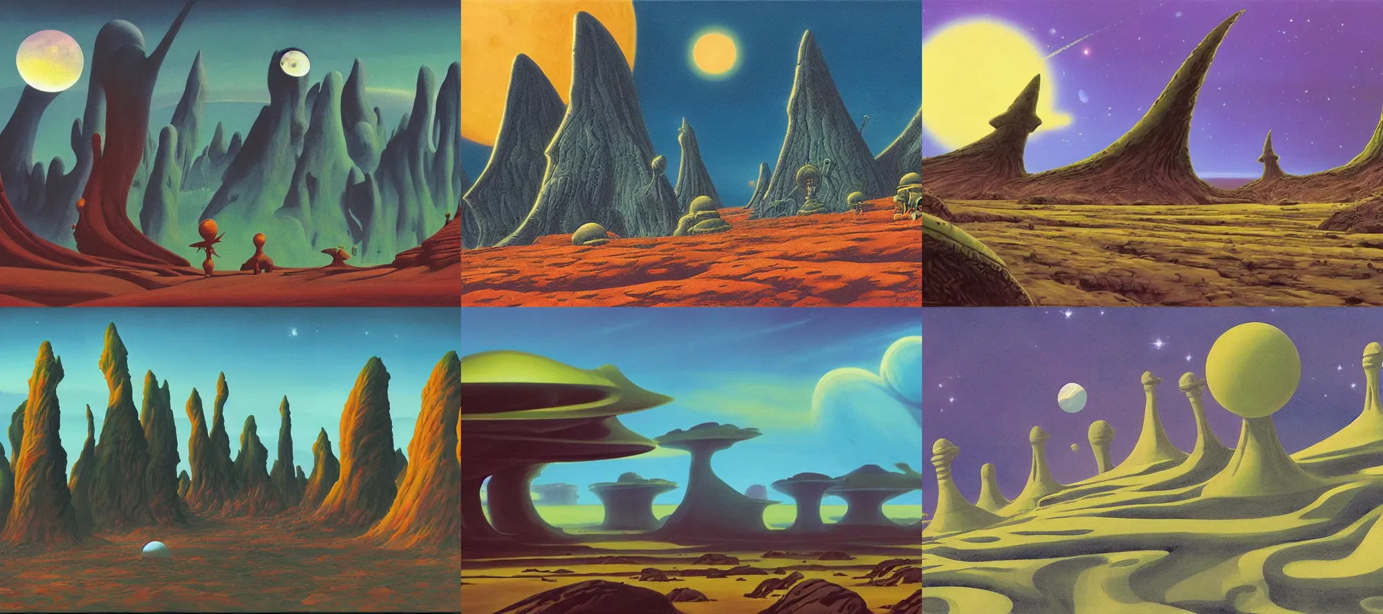 Prompt: Felucia landscape in the style of Dr. Seuss, starships, painting by Ralph McQuarrie