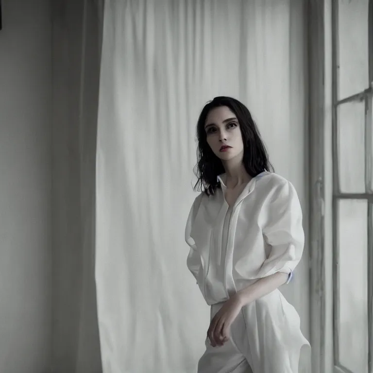 Prompt: hitch dreise blouse in a white room, beautiful face, pale skin, rule of thirds, cinematic lighting, rainy weather, melancholy atmosphere, sharp focus, backlit, stunning, model agency, smooth, hard focus, full body shot, instagram photo, shot on iphone 1 3 pro max, hyper realistic,