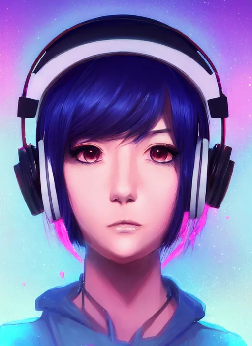 Prompt: face portrait of a beautiful anime girl with short blue hair wearing a headphone, synthwave, perfect face details, symmetry, digital painting, trending on artstation and deviantart, epic composition, vibrant, dynamic, highly detailed, ross draws, wlop, 8 k