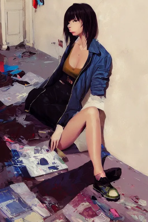 Image similar to A ultradetailed beautiful panting of a stylish girl sitting on the floor of a messy apartment, she is wearing an oversized jacket, Oil painting, by Ilya Kuvshinov, Greg Rutkowski and Makoto Shinkai