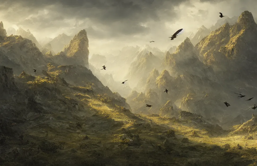 Prompt: a huge swiss landscape in the style of martin deschambault, nicolas bouvier, detailed dreamscape, hyperreal phantastic, intricate details in environment, golden ratio, high aestehtic, cinematic light dramatic light, lightrays, flying birds in distance, photobash, hyperreal 4 k