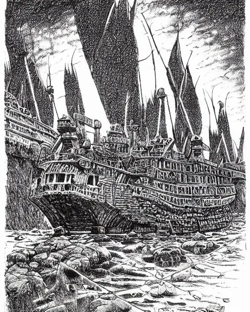 Image similar to pen and ink drawing of the port of peril, fighting fantasy style image, by steve jackson and ian livingstone, highly detailed