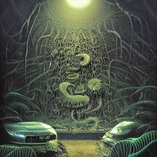 Prompt: a hyperrealistic painting of an exotic sports car in the middle of an alien jungle, bioluminescent plants, by john kenn mortensen and zdzislaw beksinski, highly detailed, vivid color,