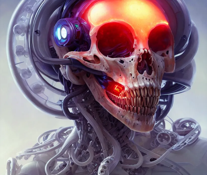 Image similar to Cyborg biomechanical jellyfish skull face portrait, sci-fi, highly detailed, digital painting, artstation, concept art, smooth, sharp focus, illustration, art by artgerm and greg rutkowski and alphonse mucha