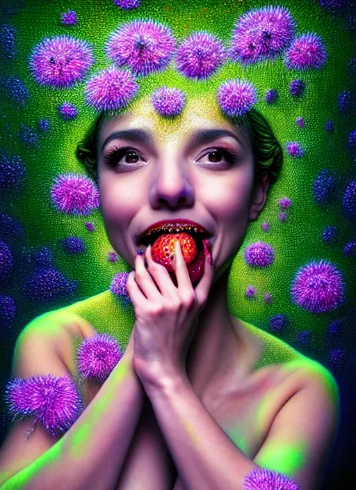 Image similar to hyper detailed 3d render like a chiariscuro Oil painting with focal blur - Aurora (Singer) looking adorable and seen in dynamic pose joyfully Eating of the Strangling network of glowing and milky Fruit and Her delicate Hands hold of gossamer polyp blossoms bring iridescent fungal flowers whose spores black the foolish stars to her smirking mouth by Jacek Yerka, Mariusz Lewandowski, Houdini algorithmic generative render, Abstract brush strokes, Masterpiece, Edward Hopper and James Gilleard, Zdzislaw Beksinski, Mark Ryden, Wolfgang Lettl, hints of Yayoi Kasuma, octane render, 8k