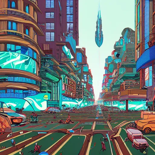 Image similar to busy street in the city of the future, wide shot, by josan gonzalez