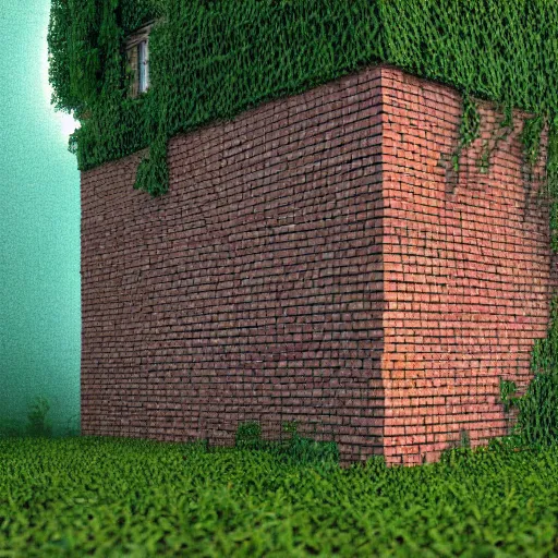 Image similar to cubic building made of bricks, overgrown with vegetation, one-point perspective, CG society, 4k, 8k