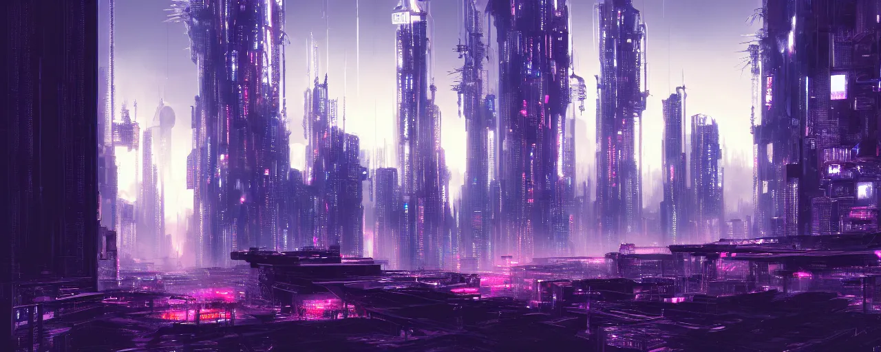 Prompt: A cyberpunk setting, by Tokujin Yoshioka, landscape, dramatic lighting, high contrast colors, panoramic view, as trending on Artstation, highly detailed,