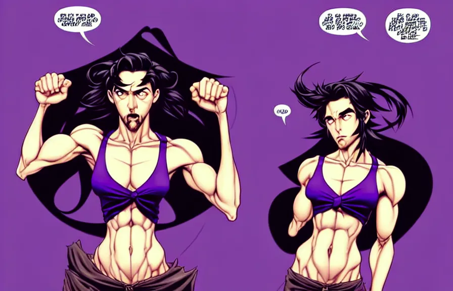 Prompt: a chad with wavy black hair and a beard. muscular. godlike. tank top. using a computer, comic cover art, artgerm, joshua middleton, pretty stella maeve witch doing black magic, serious look, purple dress, symmetrical eyes, symmetrical face, long black hair, full body, twisted evil dark forest in the background, cool colors