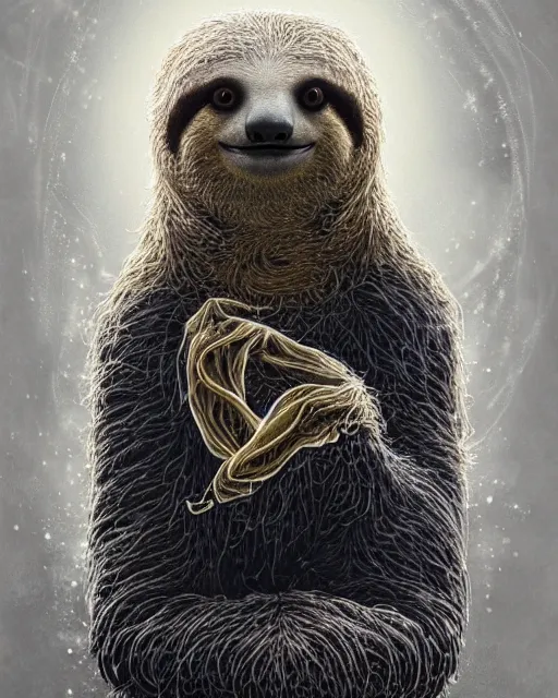 Prompt: a highly detailed portrait of a sloth wearing a black tuxedo as a devious magician radiating a powerful energy aura, wispy tendrils of smoke, swirling vortex of energy, performance art, intricate, digital painting, old english, raining, sepia, particles floating, whimsical background by marc simonetti, art by artgerm and greg rutkowski and alphonse mucha