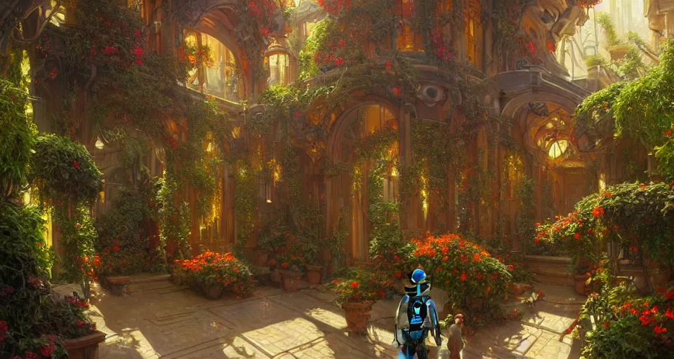 Prompt: an oil painting by donato giancola, warm coloured, highly detailed cinematic scifi luxurious futuristic victorian garden courtyard with bulbous alien floral fungi, beeple, halo, star wars, ilm, star citizen, halo, mass effect, artstation unreal, 4 k, 8 k, hd