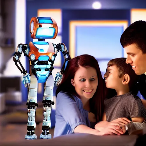 Image similar to a handsome young family with an robotic young boy, scene from a future world where nanotechnology is ubiquitous