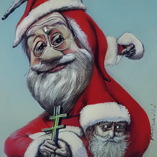 Image similar to a detailed portrait painting of santa on the cross by gerald scarfe and ralph steadman