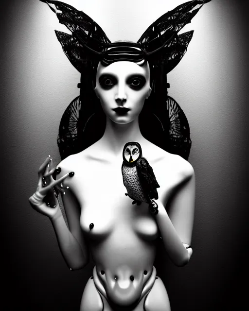 Image similar to surreal mythical dreamy dark artistic black and white fine art 3 / 4 fashion portrait photo of a young beautiful delicate female robot - witch - owl with orchid - doll face, rim light, cinematic, studio dramatic light, poetic, masterpiece, octane render, 8 k, photo - realistic by gustave dore hg giger