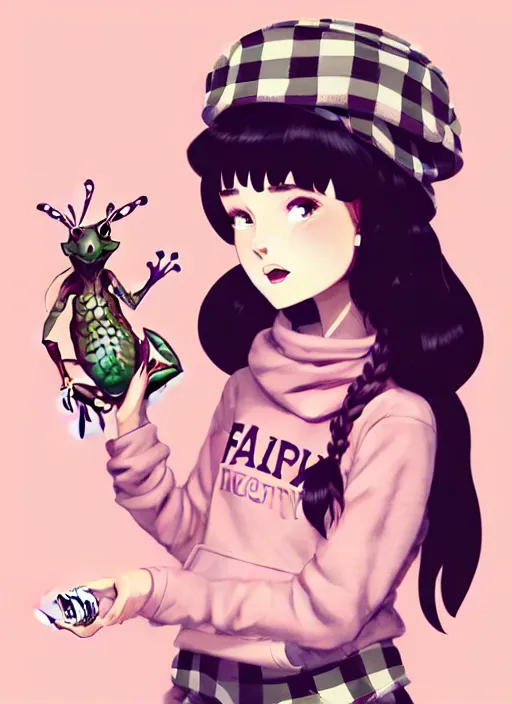 Image similar to highly detailed portrait of a cute fairy girl with a bucket hat holding a frog plushie, tartan hoody, photographic realistic background, ringlet hair by atey ghailan, by greg rutkowski, by greg tocchini, by james gilleard, by joe fenton, by kaethe butcher, gradient pink, cream, celeste and white color scheme, trending in instagram, award winning details