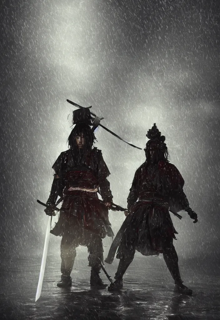 Image similar to a samurai holding his sword in a heroic pose while standing in heavy rain glowing at night, perfect lighting dark, magical, fantasy, trending on artstation, digital art.