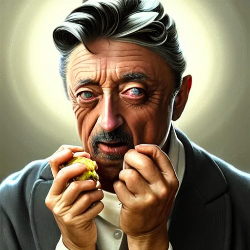 Prompt: portrait of Robert Mitchum eating hamburgers, extra onions and ketchup, luscious patty with sesame seeds, ethereal, handsome, D&D, fantasy, intricate, elegant, highly detailed, digital painting, artstation, concept art, matte, sharp focus, illustration, art by Artgerm and Greg Rutkowski and Alphonse Mucha