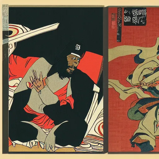 Image similar to Masta Killa from Wu-tang Clan rapping, portrait, style of ancient text, hokusai