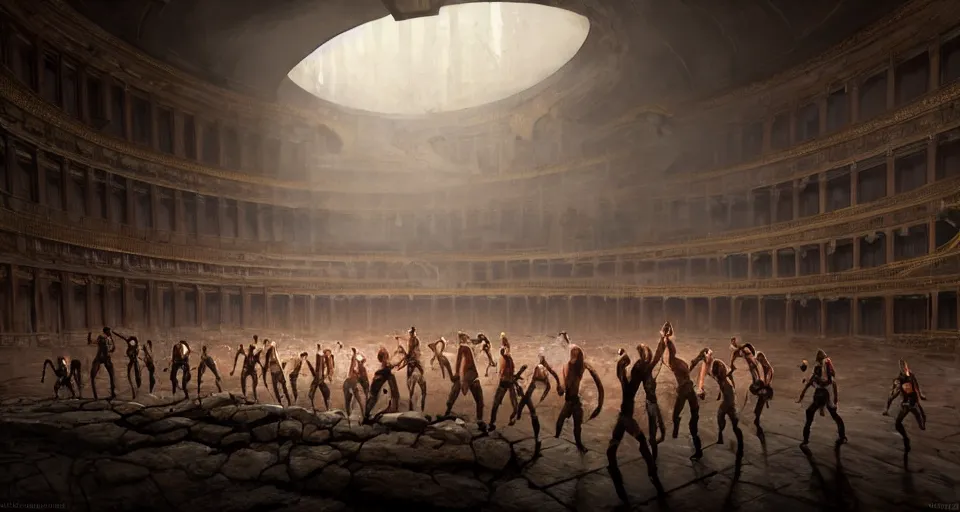 Image similar to lara croft exploring the stage of an italian opera house with numerous musclebound male goons patrolling the area, by wlop and greg rutkowski, extremely detailed shading, concept art, digital painting, trending on artstation, unreal engine 5, octane render, atmosphere, lens flare, glow, cinematic lighting, full of color