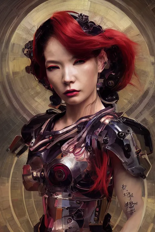 Image similar to > professional dynamtic portrait of female an agile geisha cyberpunk in a dynamic pose , armor elements , long red hair, beautiful bone structure, symmetrical facial features, intricate, elegant, digital painting, concept art, smooth, sharp focus, illustration, by Ruan Jia and Mandy Jurgens , and mucha, and Artgerm and William-Adolphe Bouguerea