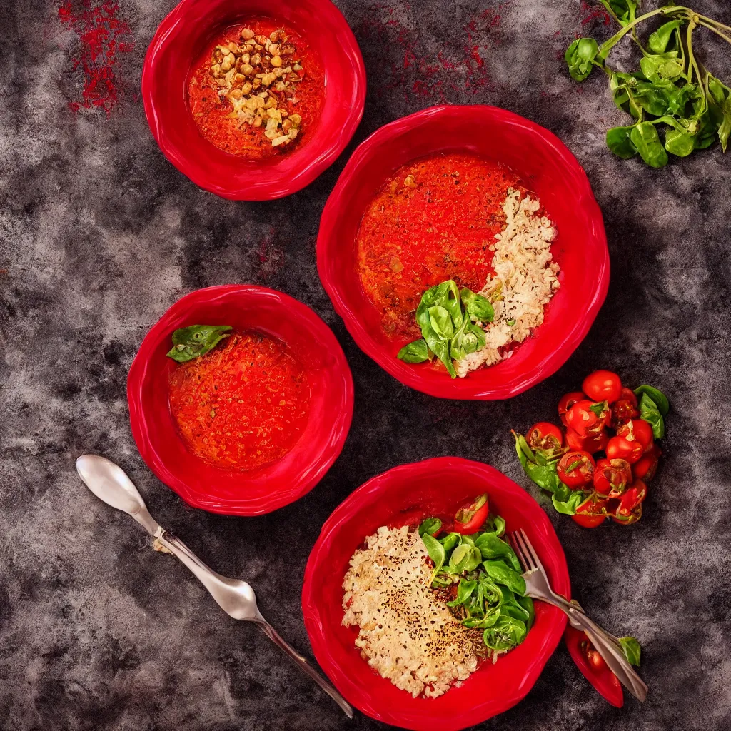 Prompt: a high protein meal in a red bowl, professional food photography, instagram, studio lighting, sharp focus