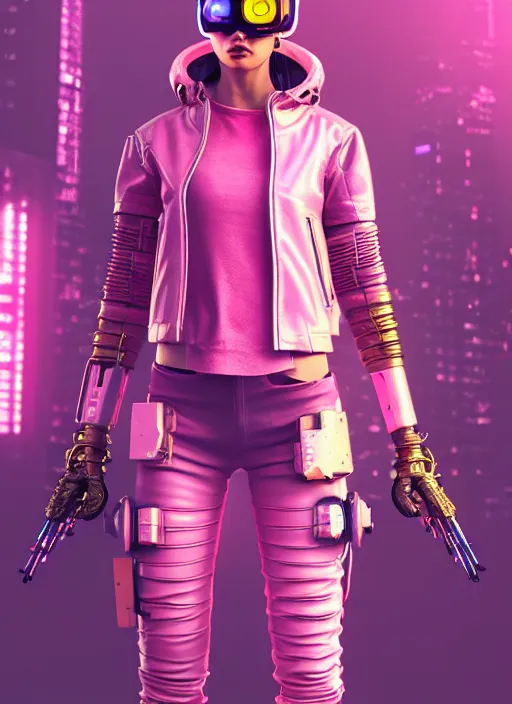 Image similar to cyberpunk photorealistic character, tech wear outfit, pink and yellow, edgy, awe inspiring, artstation hd, 8 k, detailed, intricate, ornate, studio lights, golden ratio, masterpiece