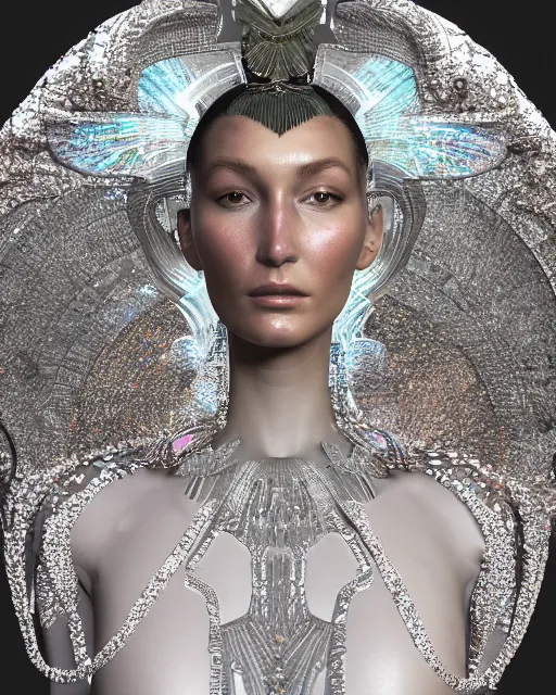 Image similar to a highly detailed metahuman 4 k close up render of an alien goddess bella hadid monument amor in iris van herpen dress schiaparelli in diamonds crystals swarovski and jewelry iridescent in style of alphonse mucha gustav klimt trending on artstation made in unreal engine 4