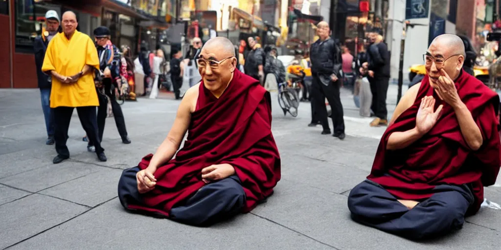 Prompt: photo of dalai lama sitting on a street in new york